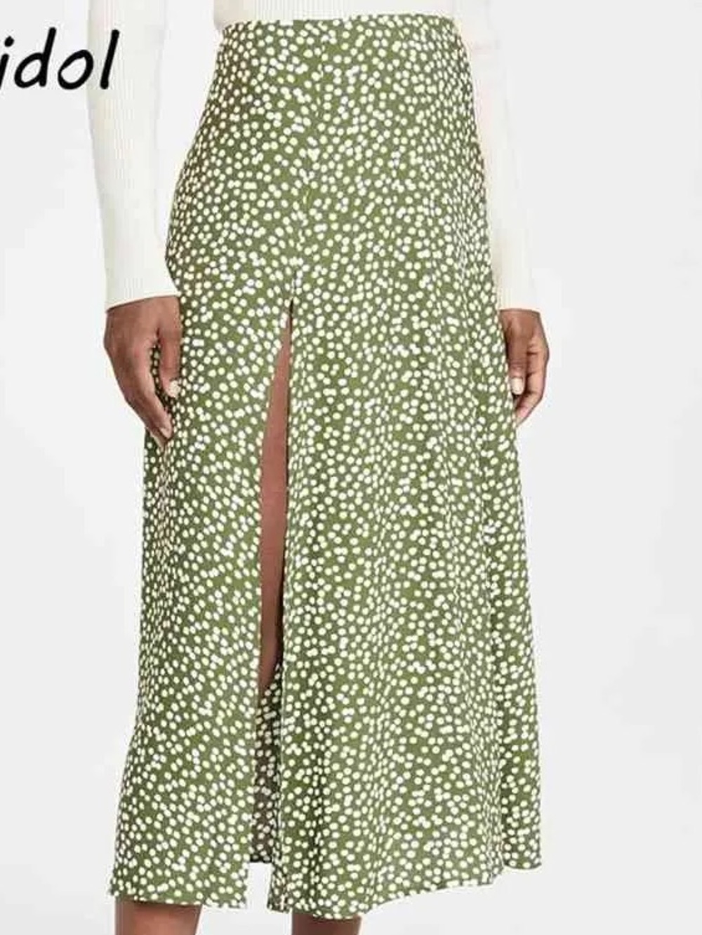 Olive Green Polka Dot Side-Slit Midi Skirt
